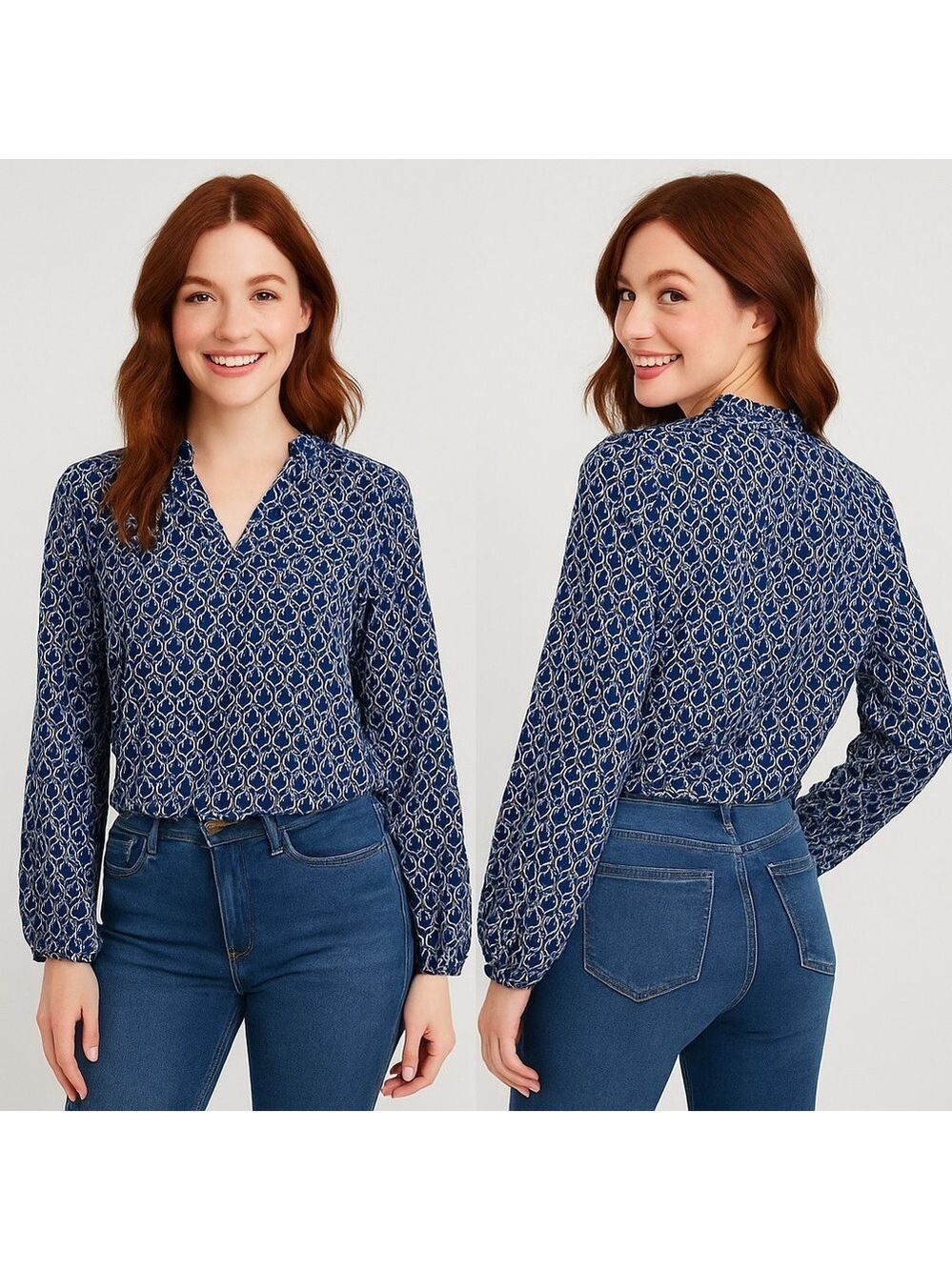 ✨ SHEIN Navy & White Geometric Print Blouse – Size Small ✨
